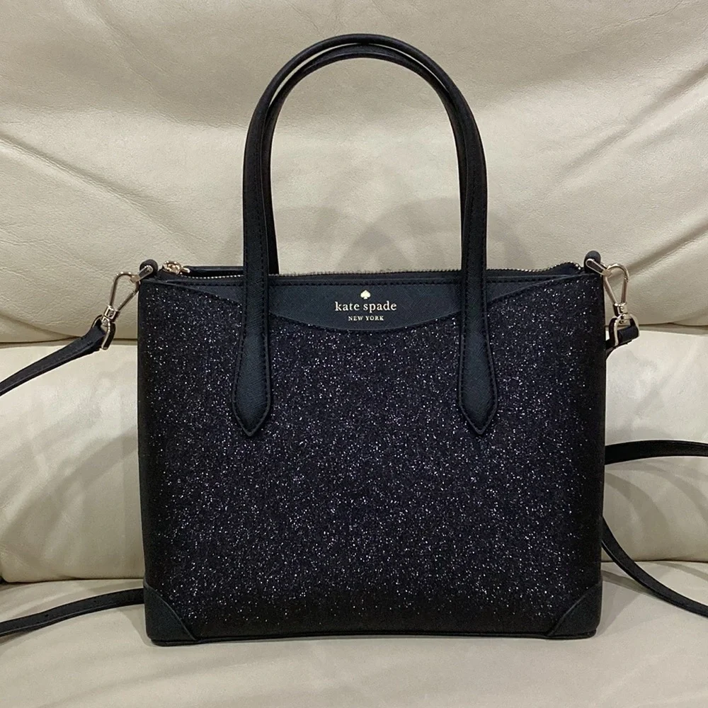Kate Spade Black Glitter Sparkle Shimmy Fabric Satchel Purse Bag - Picture 4 of 13
